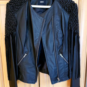 Black leather zip up jacket with tassels